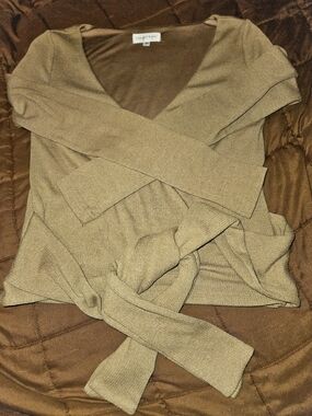 Privacy Please Women's Tan Wrap V-Neck Ribbed Sweater